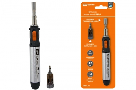 TDM ELECTRIC SQ1025-0102 Паяльник автономный газовый ПАГ-1, (3 наконечника: жало, резак, фен), 12 мл "Алмаз" TDM